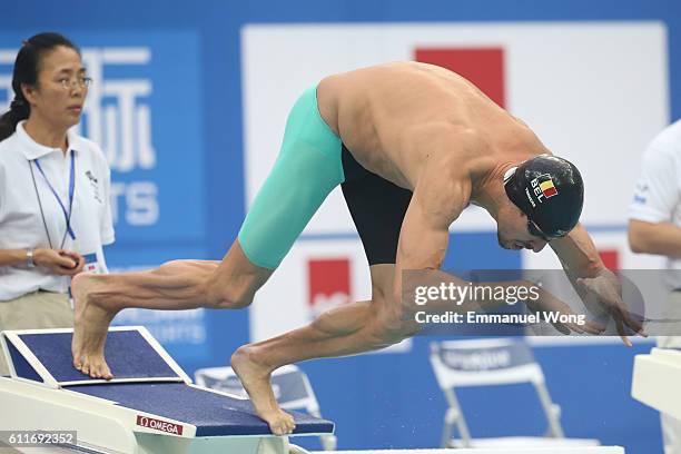 Pieter Timmers of Belgium competes in the Men's 50m freestyle on day two of the FINA swimming world cup 2016 at Water Cube on October 1, 2016 in...