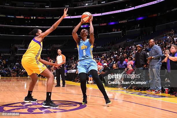Clarissa Dos Santos of the Chicago Sky handles the ball against the Los Angeles Sparks in Game Two of the Semifinals during the 2016 WNBA Playoffs on...