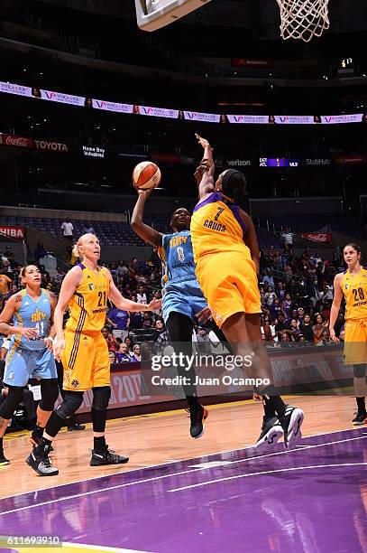 Clarissa Dos Santos of the Chicago Sky shoots against Sandrine Gruda of the Los Angeles Sparks in Game Two of the Semifinals during the 2016 WNBA...