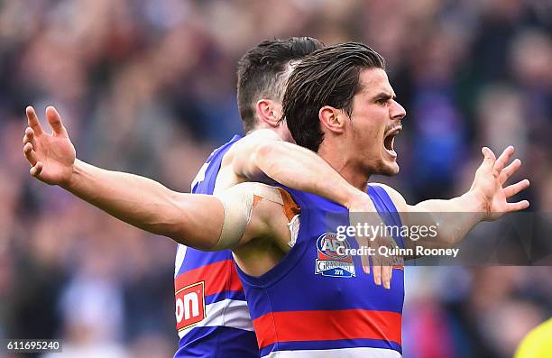 Tom Boyd of the Bulldogs celebrates kicking a goal during the 2016 AFL Grand Final match between the Sydney Swans and the Western Bulldogs at...