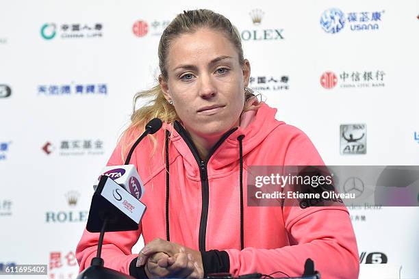 Angelique Kerber of Germany speaks during a press conference on day 1 of the 2016 China Open, at the National Tennis Centre on October 1, 2016 in...