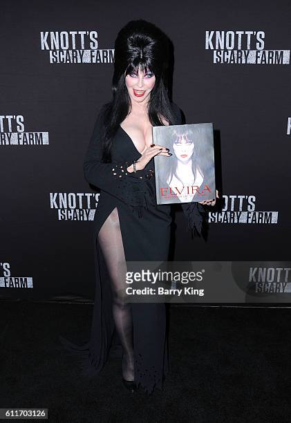 Entertainer Elvira, aka Cassandra Peterson attends Knott's Scary Farm black carpet event at Knott's Berry Farm on September 30, 2016 in Buena Park,...