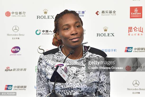 Venus Williams of the United States attends a press conference on day 1 of the 2016 China Open, at the National Tennis Centre on October 1, 2016 in...
