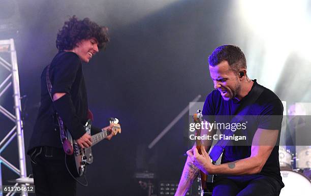 Jordan Lawler and Anthony Gonzalez of M83 perform in concert during the Austin City Limits Music Festival at Zilker Park on September 30, 2016 in...