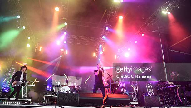 Jordan Lawler, Anthony Gonzalez and Kaela Sinclair of M83 perform in concert during the Austin City Limits Music Festival at Zilker Park on September...