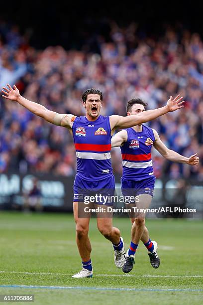 Tom Boyd of the Bulldogs celebrates a goal during the 2016 AFL Grand Final match between the Sydney Swans and the Western Bulldogs at Melbourne...