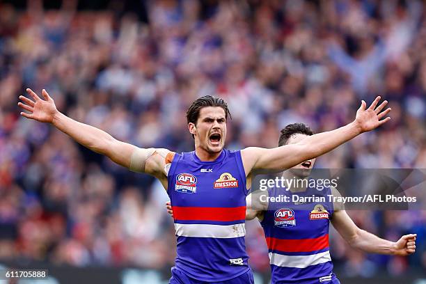 Tom Boyd of the Bulldogs celebrates a goal during the 2016 AFL Grand Final match between the Sydney Swans and the Western Bulldogs at Melbourne...