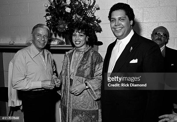 Left to right: Frank Sinatra, First Lady of Georgia Valerie Jackson and Atlanta Mayor Maynard Jackson backstage during the Atlanta Missing and...