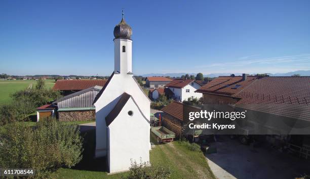 europe, germany, bavaria, aerial view of small church in countyside - small chapel stock pictures, royalty-free photos & images