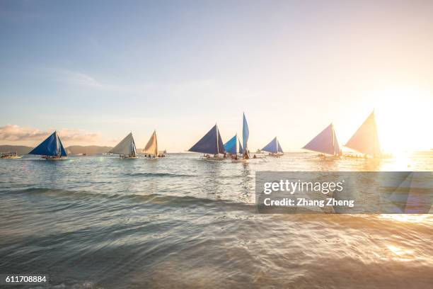 the sailing boat in boracay - boracay beach stock pictures, royalty-free photos & images
