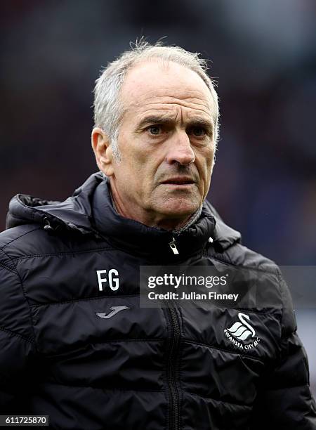Francesco Guidolin, Manager of Swansea City looks onduring the Premier League match between Swansea City and Liverpool at Liberty Stadium on October...