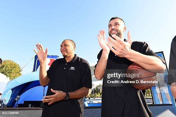 Legend Shawn Marion and Lorenzo Sanz of Real Madrid participate during the Special Olympics Unified Clinic as part of the 2016 Global Games on...