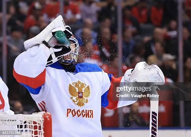 Sergei Bobrovsky of Team Russia cools off between whistles against Team Canada at the semifinal game during the World Cup of Hockey 2016 tournament...