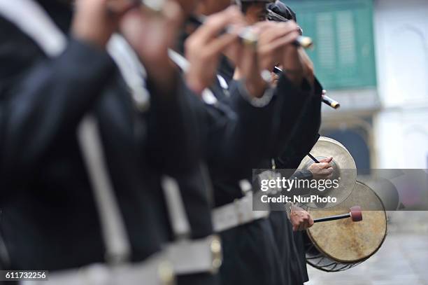 Nepalese Army Personnels of Gurujuko Paltan plays traditional instruments during the Gatasthapana first day of Biggest Hindu festival Dashain at...