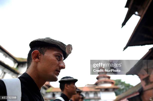 Portrait of Nepalese Army Personnels of Gurujuko Paltan during the Gatasthapana first day of Biggest Hindu festival Dashain at Nasal Chowk,...