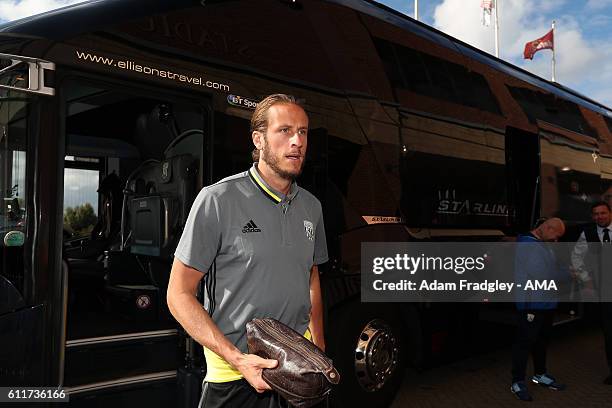 Jonas Olsson of West Bromwich Albion arrives on the team bus prior to the Premier League match between Sunderland and West Bromwich Albion at Stadium...