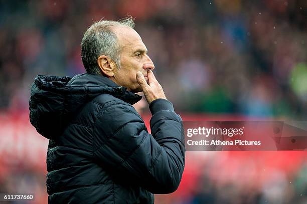 Francesco Guidolin, Manager of Swansea City reacts during the Premier League match between Swansea City and Liverpool at The Liberty Stadium on...