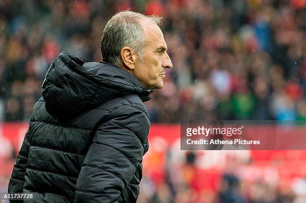 Francesco Guidolin, Manager of Swansea City looks on during the Premier League match between Swansea City and Liverpool at The Liberty Stadium on...