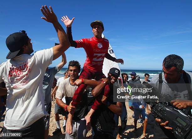 Jesse Mendes from Brazil celebrates after winning the Final of the Billabong Pro Cascais of Surfing at Praia do Guincho on October 1, 2016 in...