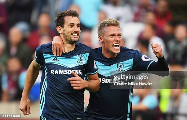 Cristhian Stuani of Middlesbrough celebrates scoring his sides first goal with Viktor Fischer of Middlesbrough during the Premier League match...