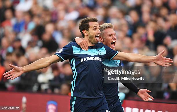 Cristhian Stuani of Middlesbrough celebrates scoring his sides first goal with Viktor Fischer of Middlesbrough during the Premier League match...