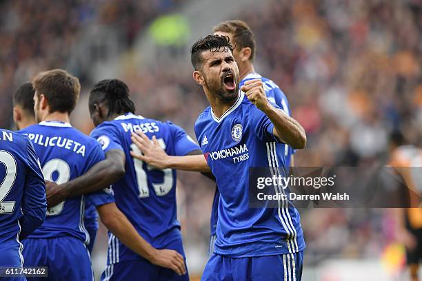 Diego Costa of Chelsea celebrates scoring his sides second goal during the Premier League match between Hull City and Chelsea at KCOM Stadium on...