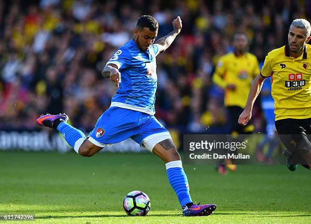 Joshua King of AFC Bournemouth scores his sides second goal during the Premier League match between Watford and AFC Bournemouth at Vicarage Road on...
