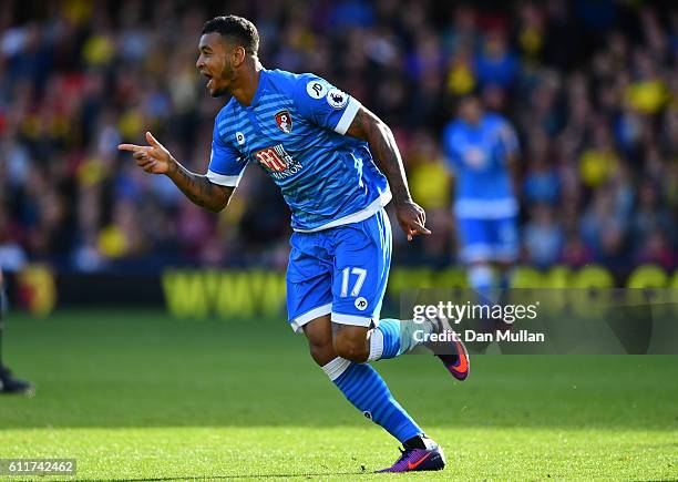 Joshua King of AFC Bournemouth celebrates scoring his sides second goal during the Premier League match between Watford and AFC Bournemouth at...