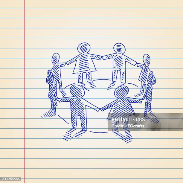 group of people drawing on ruled paper - unity concept stock illustrations