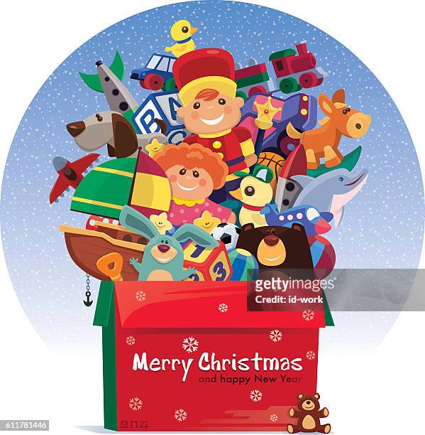 karton mit spielzeug für weihnachten - spielzeugauto stock-grafiken, -clipart, -cartoons und -symbole