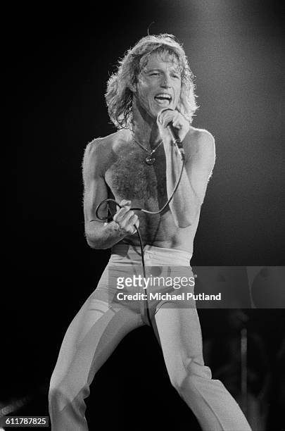 British-born Australian singer and songwriter Andy Gibb performing on stage, USA, 1978. He is the younger brother of Bee Gees Barry, Robin, and...