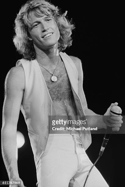 British-born Australian singer and songwriter Andy Gibb performing on stage, USA, 1978.