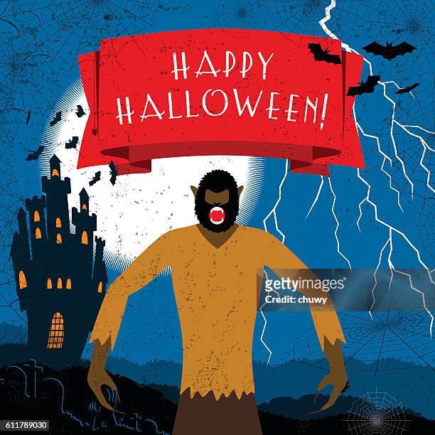 halloween wolf mann werwolf banner dunkelheit monster nacht text - chuwy stock-grafiken, -clipart, -cartoons und -symbole