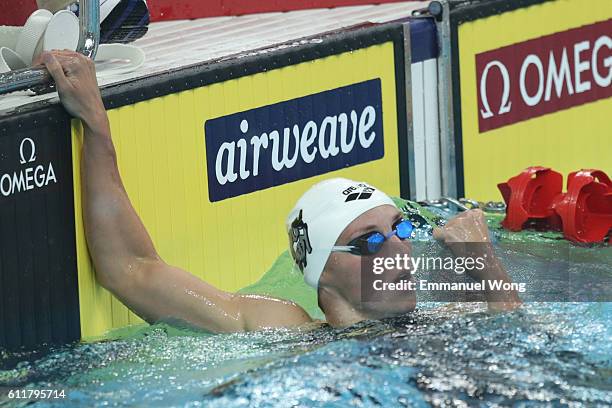 Katinka Hosszu of Hungary reacts after compete in the Women's 400m Freestyle final on day two of the FINA swimming world cup 2016 at Water Cube on...