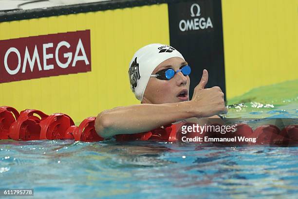 Katinka Hosszu of Hungary reacts after compete in the Women's 100m Backstroke final on day two of the FINA swimming world cup 2016 at Water Cube on...