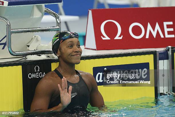 Alia Atkinson of Jamaica reacts after compete in the Women's 50m breaststroke final on day two of the FINA swimming world cup 2016 at Water Cube on...