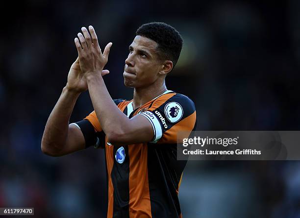 Curtis Davies of Hull City shows apperciation to the fans during the Premier League match between Hull City and Chelsea at KCOM Stadium on October 1,...