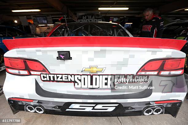 Detailed view of decals on the Citizen Soldier Chevrolet, driven by Regan Smith during practice for the NASCAR Sprint Cup Series Citizen Solider 400...