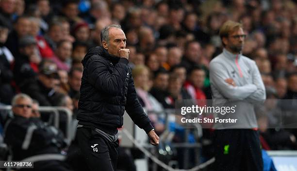 Manager Francesco Guidolin reacts during the Premier League match between Swansea City and Liverpool at Liberty Stadium on October 1, 2016 in...