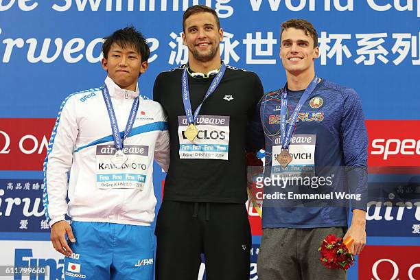 Gold medalist Chad Le Clos of Republic of South Africa , Silver medalist Takeshi Kawamoto of Japan and bronze medalist Pavel Sankovich of Belarus...