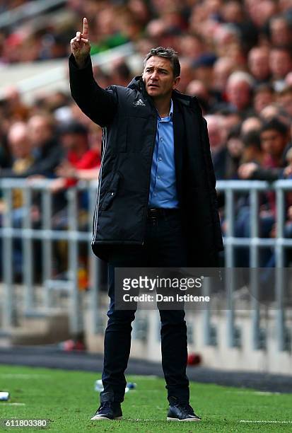 Nottingham Forest manager Philippe Montanier issues instructions to his player during the Sky Bet Championship match between Bristol City and...