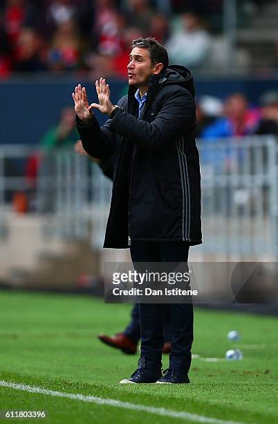 Nottingham Forest manager Philippe Montanier issues instructions to his player during the Sky Bet Championship match between Bristol City and...