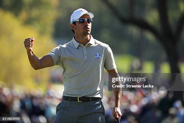 Rafa Cabrera Bello of Europe reacts after making a putt on the 17th green during morning foursome matches of the 2016 Ryder Cup at Hazeltine National...