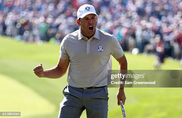 Sergio Garcia of Europe reacts to a putt on the 16th green during morning foursome matches of the 2016 Ryder Cup at Hazeltine National Golf Club on...