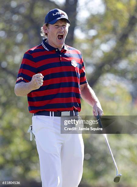 Brandt Snedeker of the United States reacts on the 14th green during morning foursome matches of the 2016 Ryder Cup at Hazeltine National Golf Club...