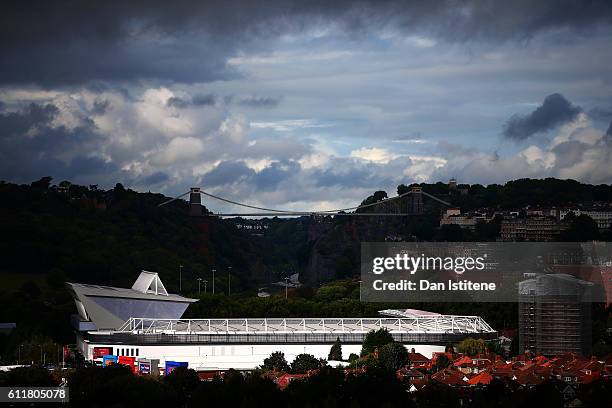 General vview of the stadium backdropped by Isambard Kingdom Brunel's Clifton Suspension Bridge during the Sky Bet Championship match between Bristol...