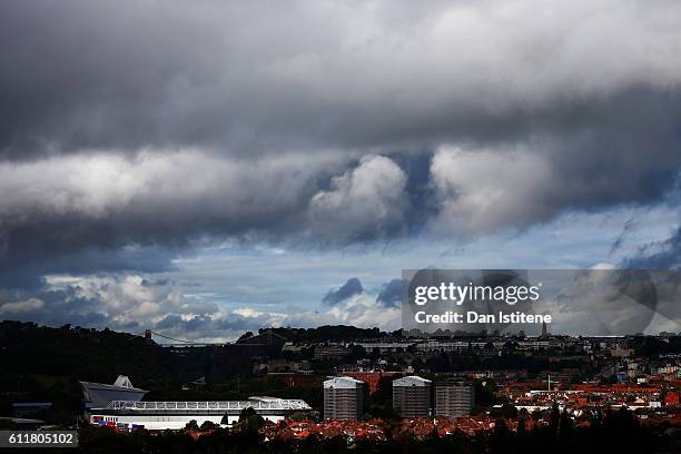 General view of the stadium backdropped by Isambard Kingdom Brunel's Clifton Suspension Bridge before the Sky Bet Championship match between Bristol...