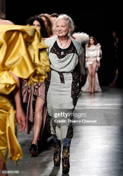 British designer, Vivienne Westwood walks the runway after the Vivienne Westwood show as part of the Paris Fashion Week Womenswear Spring/Summer 2017...