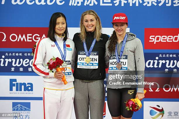 Gold medalist Jeanette Ottesen of Denmark ,Silver medalist Lu Ying of China and bronze medalist Katinka Hosszu of Hungary poses during the medal...