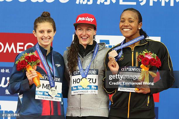 Gold medalist Katinka Hosszu of Hungary ,Silver medalist Katie Meili of USA and bronze medalist Alia Atkinson of Jamaica poses during the medal...